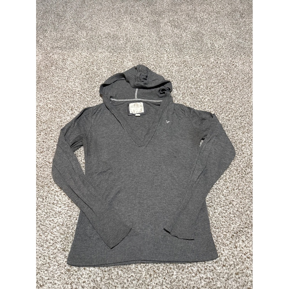 American Eagle Y2K Gray V-Neck Hooded Sweater Angora Blend Size M